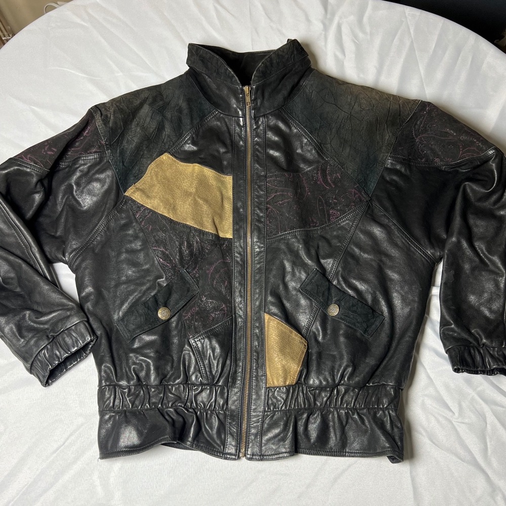 Vintage g4000 80s‎ Patchwork Leather Bomber Jacket Black Tan Paisley Mens Medium